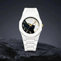 Men's Carbon Fiber Marble Dial Watch White Gold