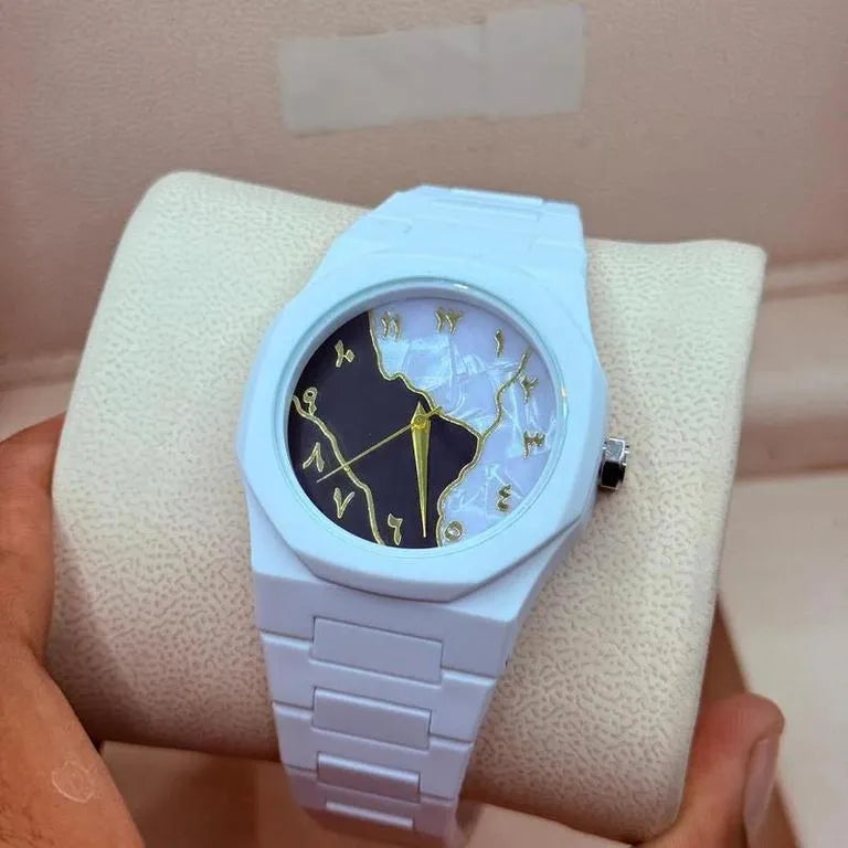 Men's Carbon Fiber Marble Dial Watch White Gold