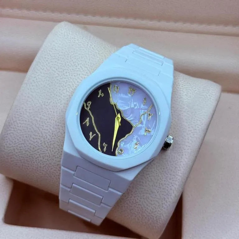 Men's Carbon Fiber Marble Dial Watch White Gold