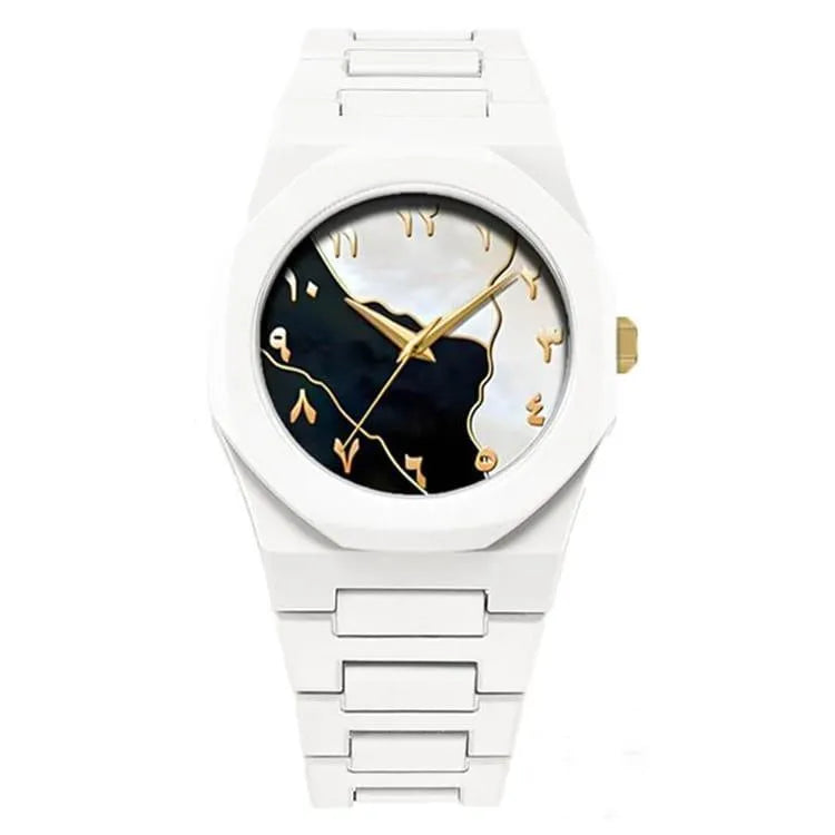 Men's Carbon Fiber Marble Dial Watch White Gold