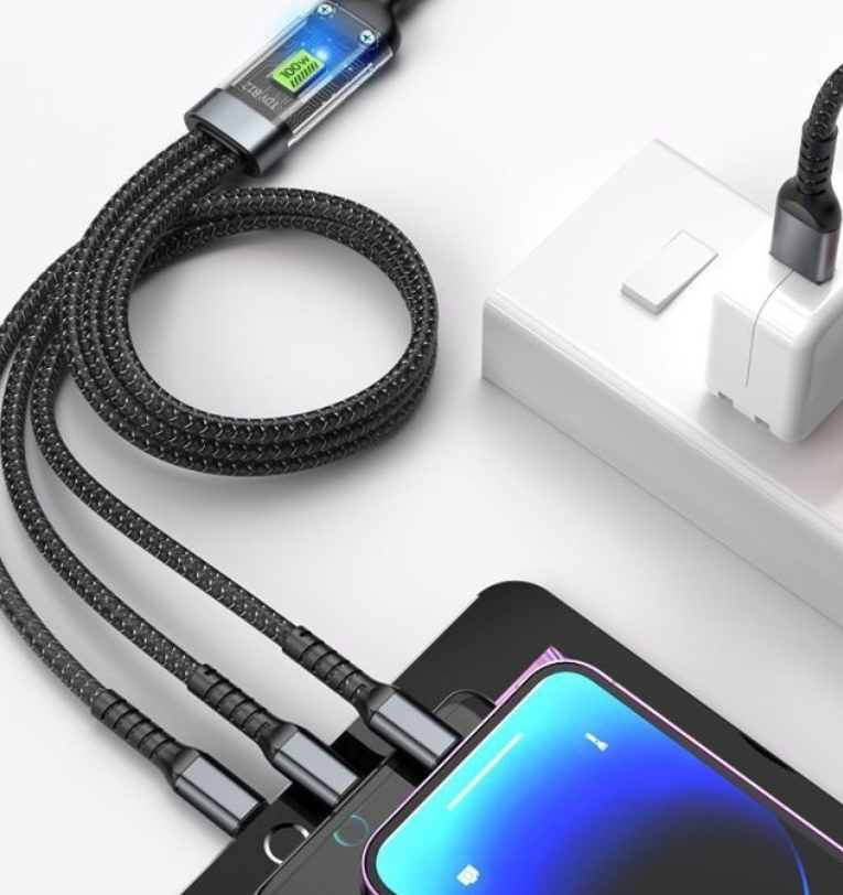 100W digital display light-emitting three in one fast charging one to three data cable suitable for Huawei Android Apple