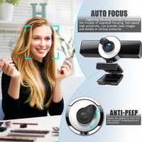 4K/2K Live Streaming Webcam with Ring Fill Light & Autofocus – 1080p HD Live Camera with Built-in Microphone for PC & Laptop
