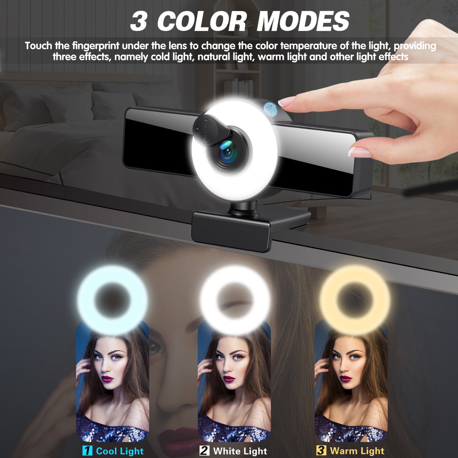 4K/2K Live Streaming Webcam with Ring Fill Light & Autofocus – 1080p HD Live Camera with Built-in Microphone for PC & Laptop