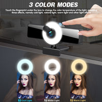 4K/2K Live Streaming Webcam with Ring Fill Light & Autofocus – 1080p HD Live Camera with Built-in Microphone for PC & Laptop