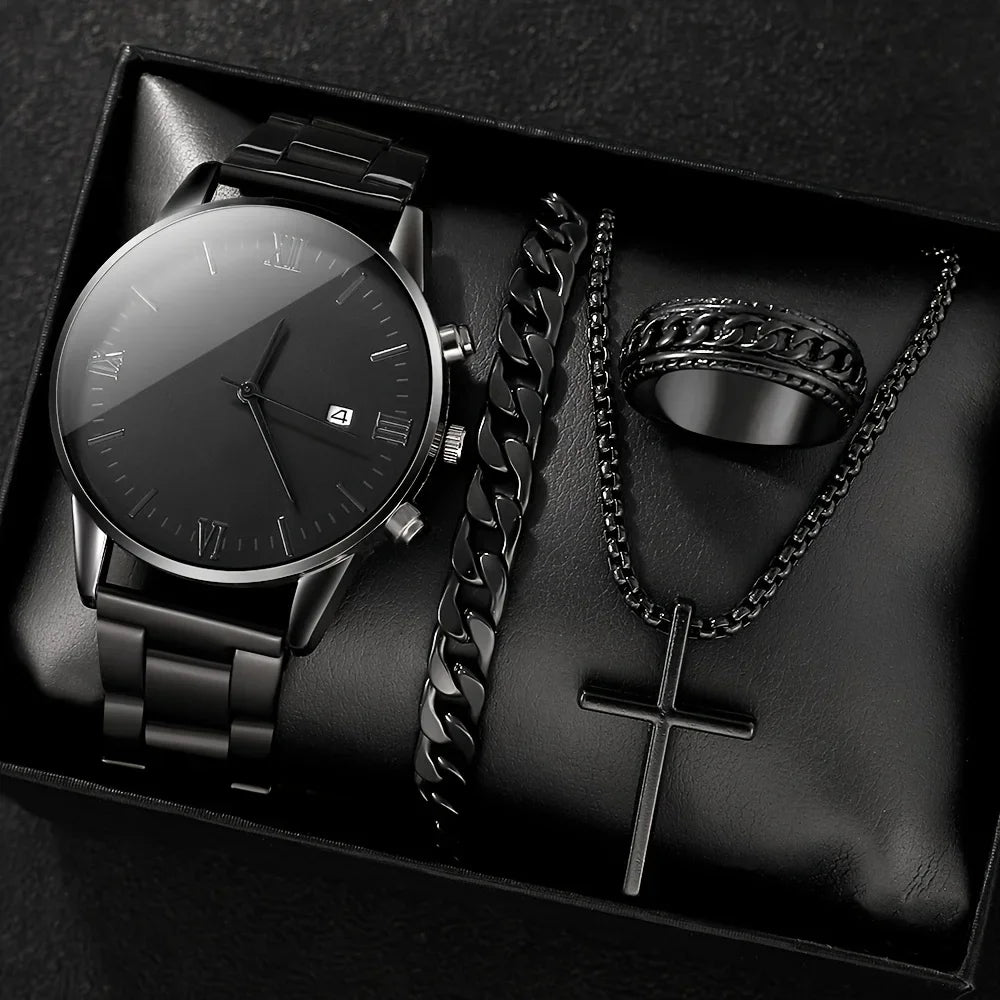 4-Piece/Set（Without Box ) Black Watch Set With Bracelet, Necklace, and Ring