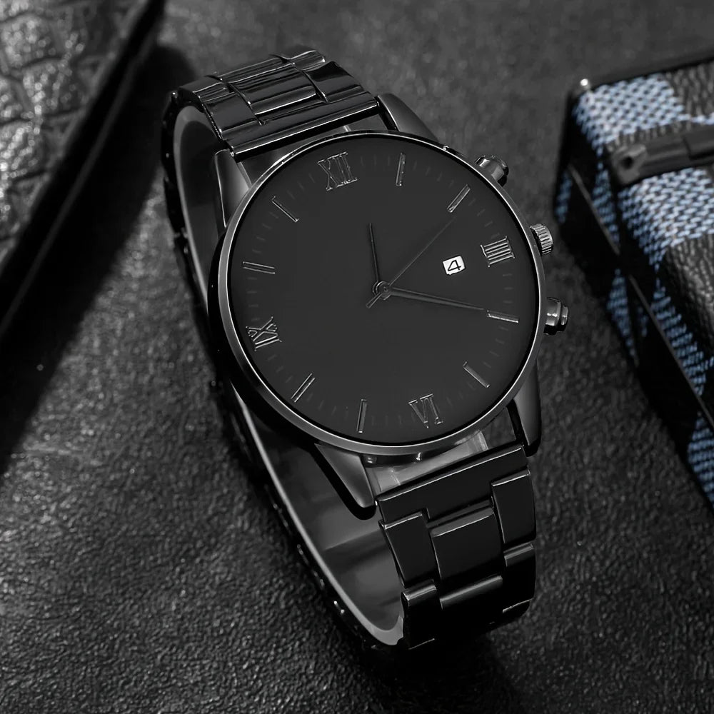 4-Piece/Set（Without Box ) Black Watch Set With Bracelet, Necklace, and Ring