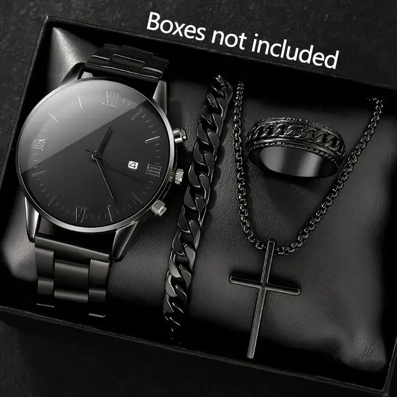 4-Piece/Set（Without Box ) Black Watch Set With Bracelet, Necklace, and Ring