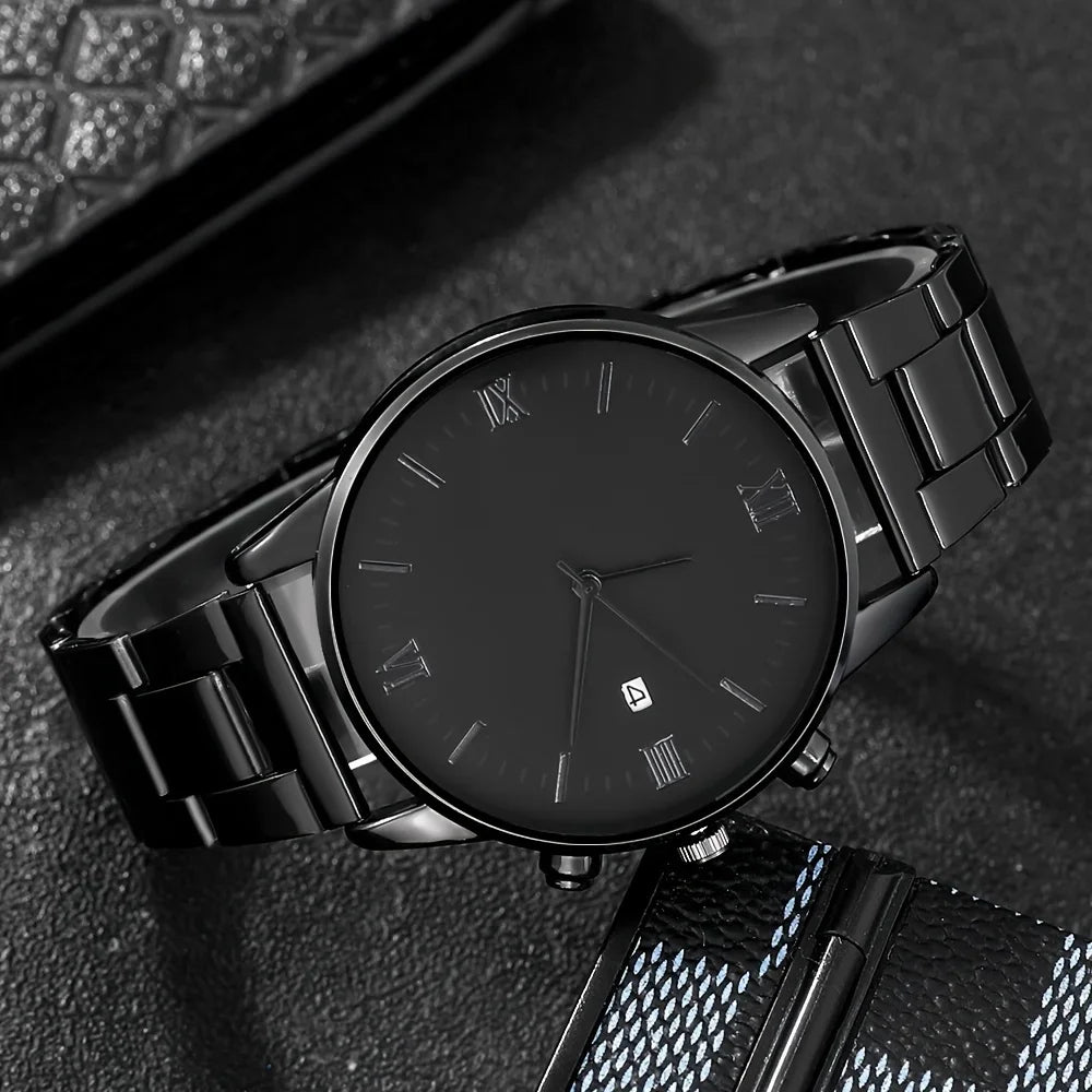4-Piece/Set（Without Box ) Black Watch Set With Bracelet, Necklace, and Ring