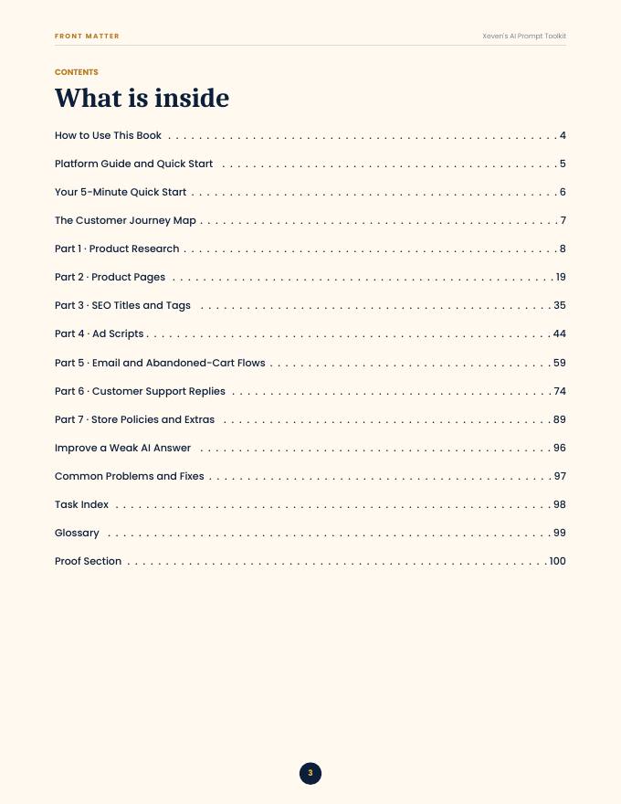 Table of contents of the Xeven prompt book