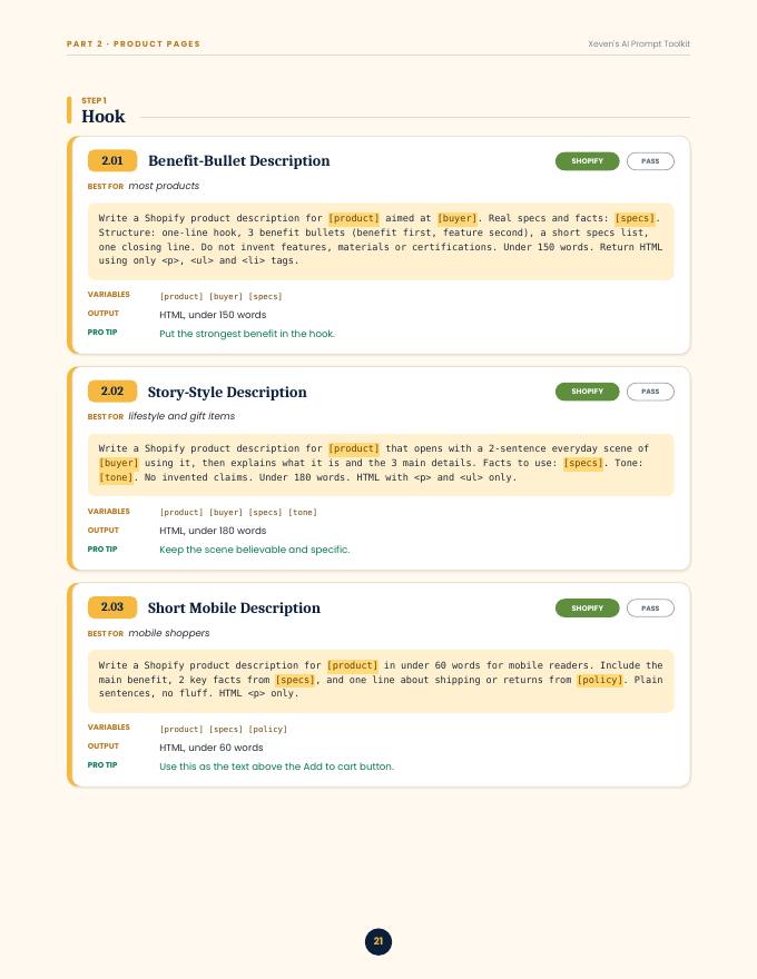 Prompt cards from Part 5: Email and Abandoned-Cart Flows, each with the prompt, variables, output, and pro tip