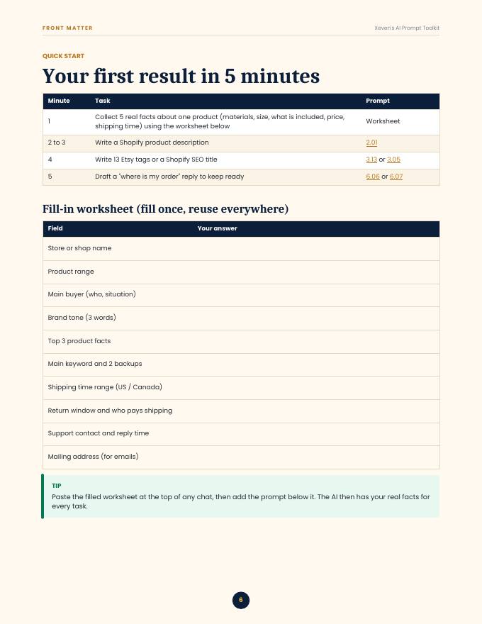Quick start page: your first result in 5 minutes, with a fill-in worksheet
